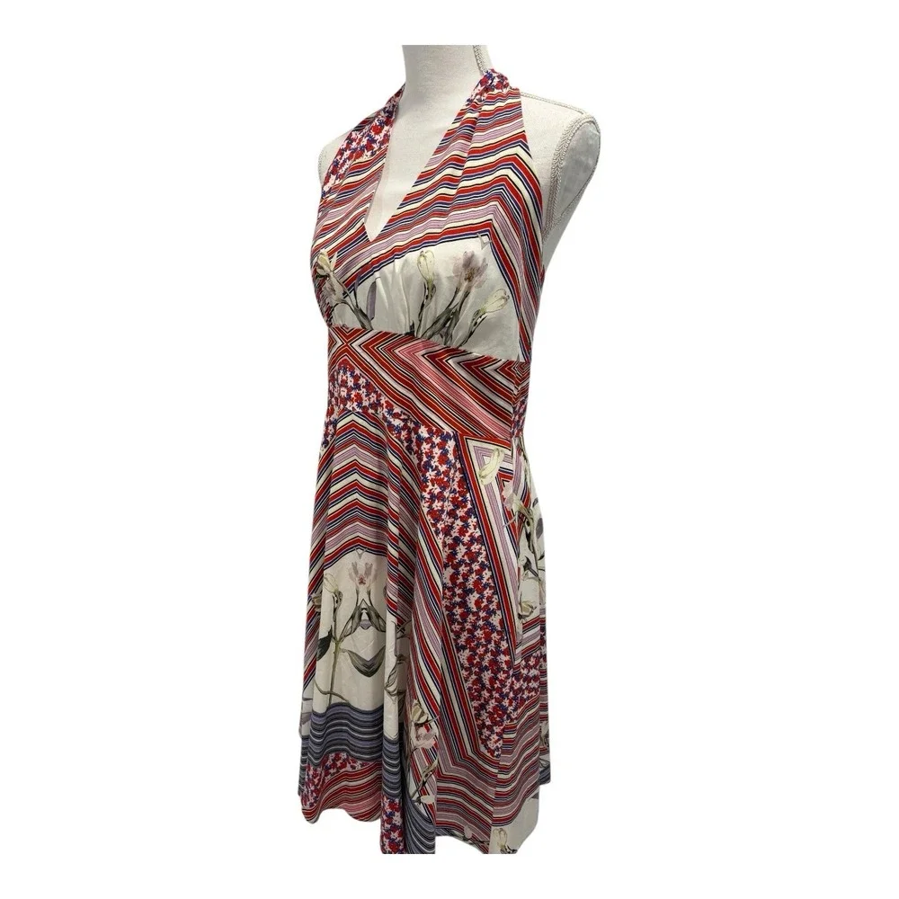 Alexia Admit Dress Women 12 Red Multi Halter Backless Striped Floral Lined Flare